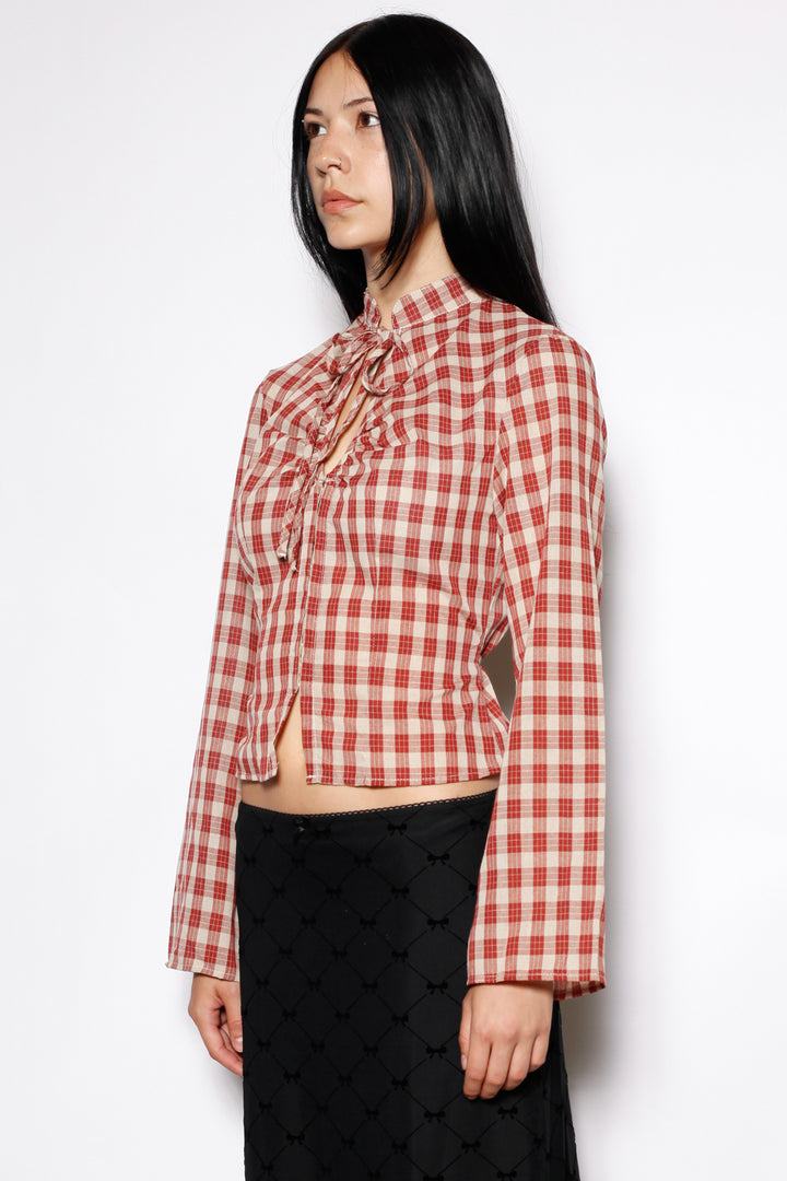 Cotton Plaid Long Sleeve Tie Waist Qipao Top