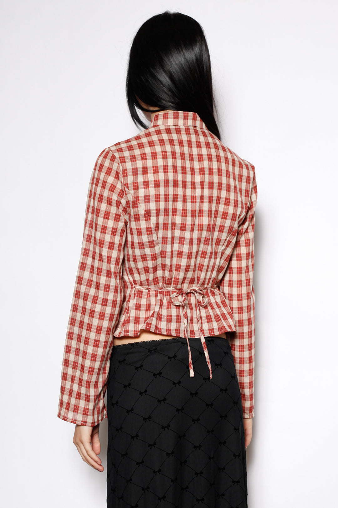 Cotton Plaid Long Sleeve Tie Waist Qipao Top