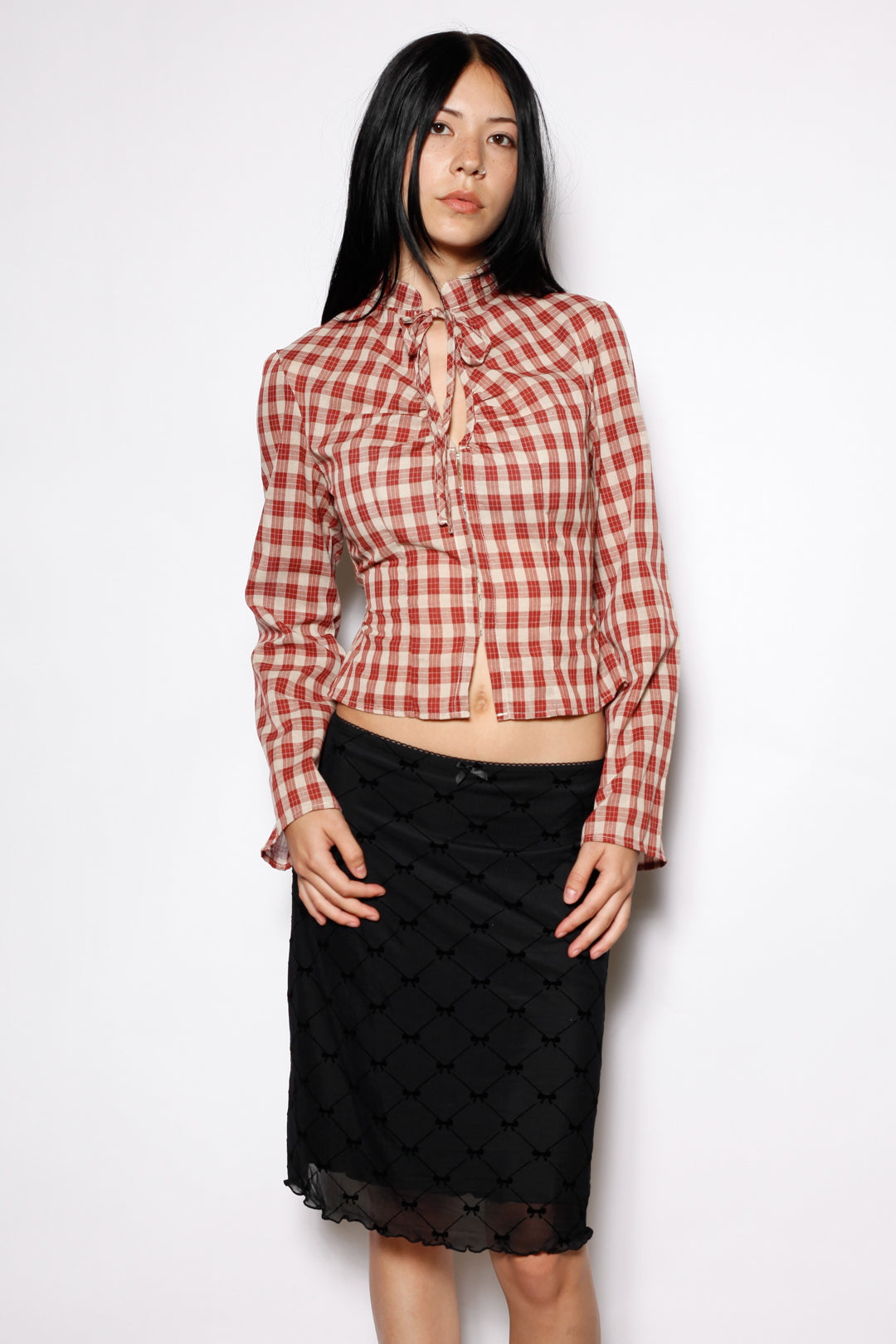 Cotton Plaid Long Sleeve Tie Waist Qipao Top