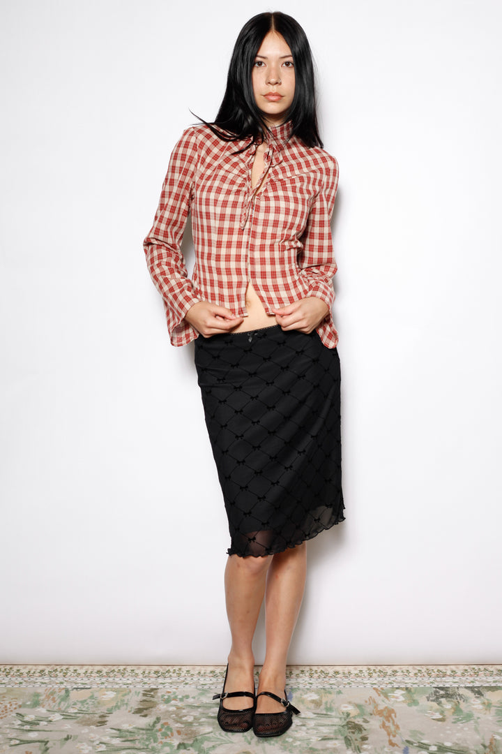 Cotton Plaid Long Sleeve Tie Waist Qipao Top