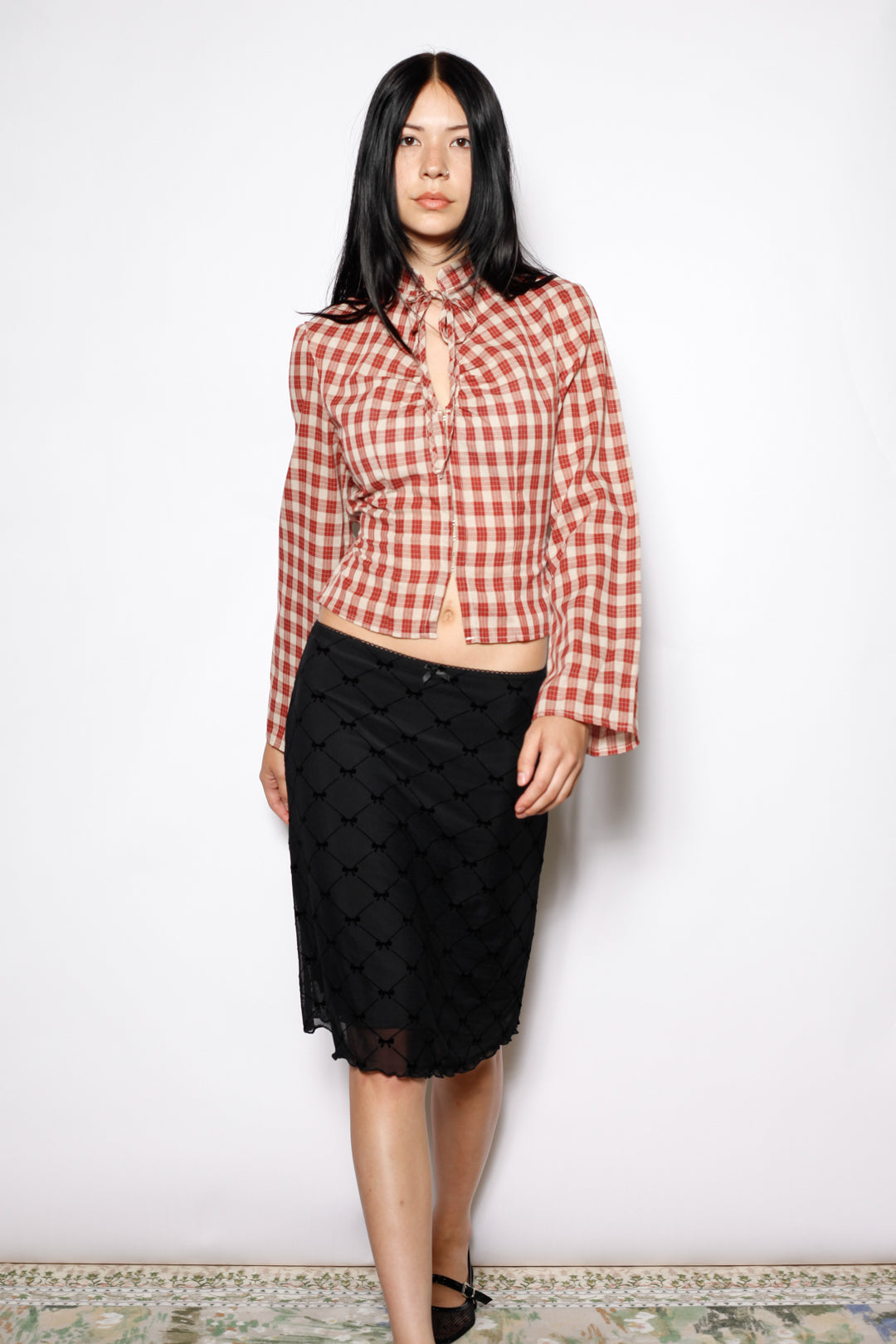 Cotton Plaid Long Sleeve Tie Waist Qipao Top
