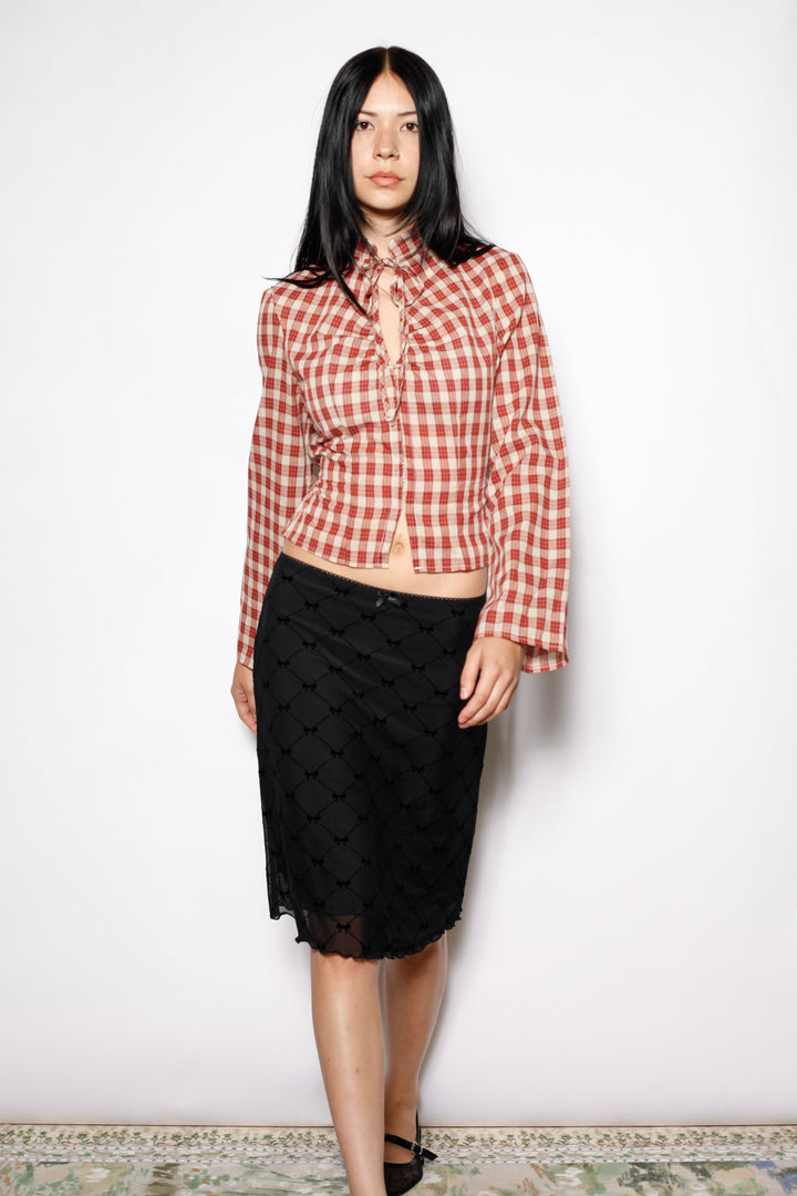 Cotton Plaid Long Sleeve Tie Waist Qipao Top