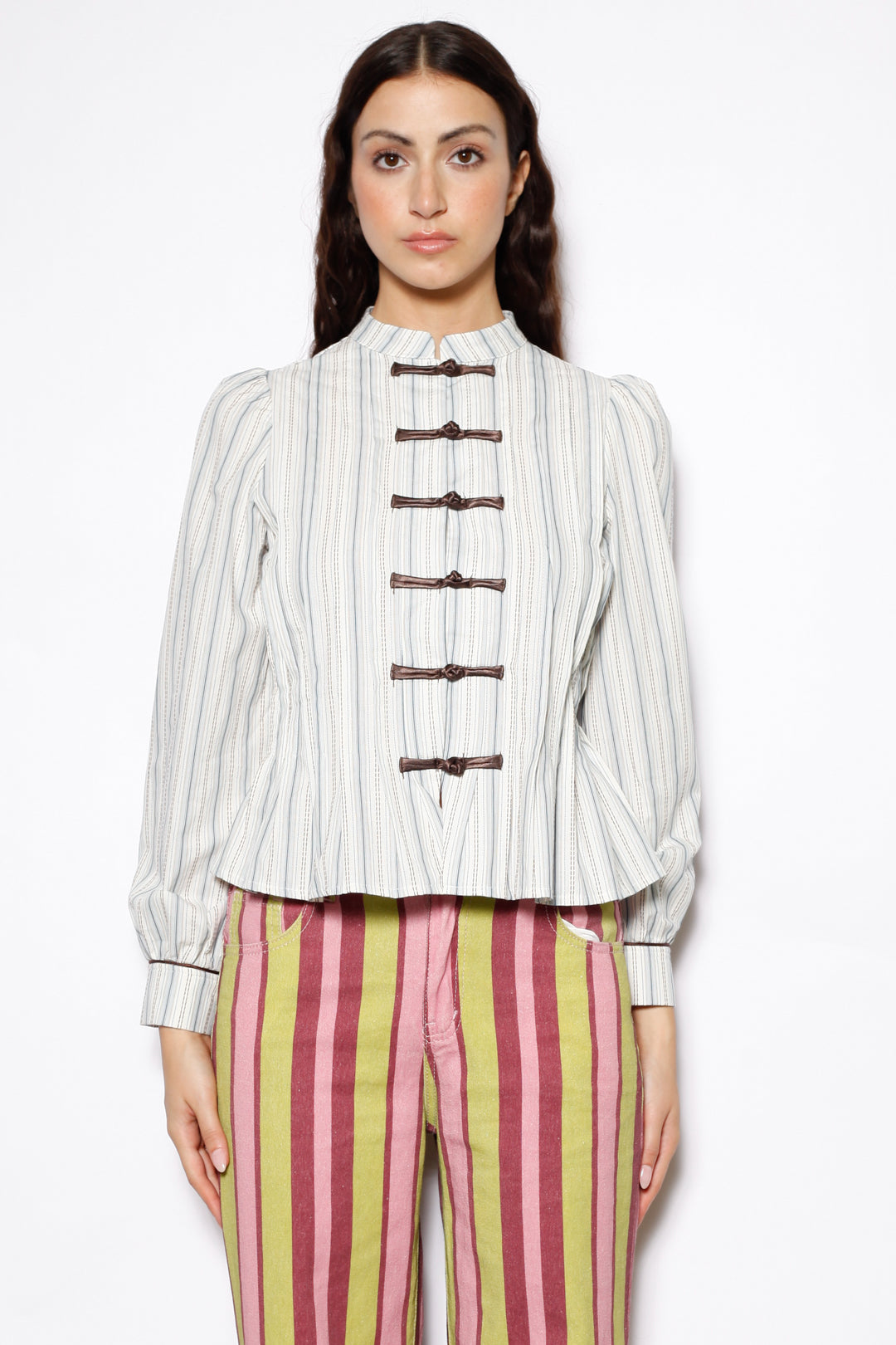 Cotton Ivory Stripe Frog Closure Shirt