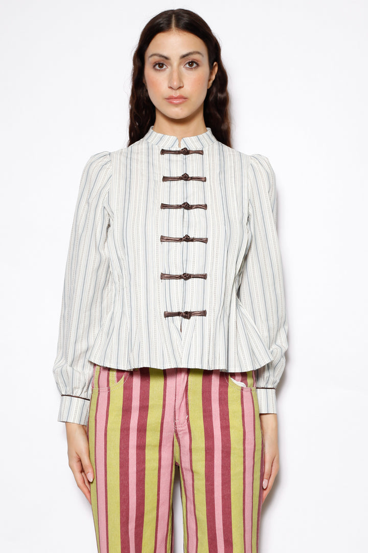 Cotton Ivory Stripe Frog Closure Shirt