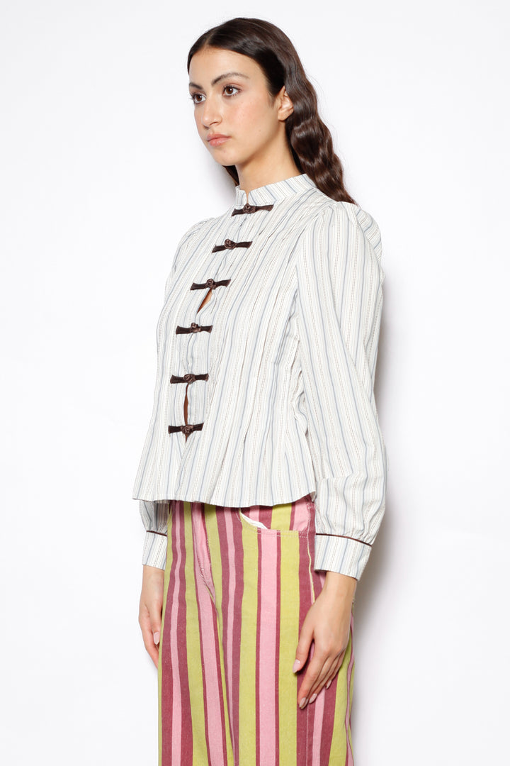 Cotton Ivory Stripe Frog Closure Shirt