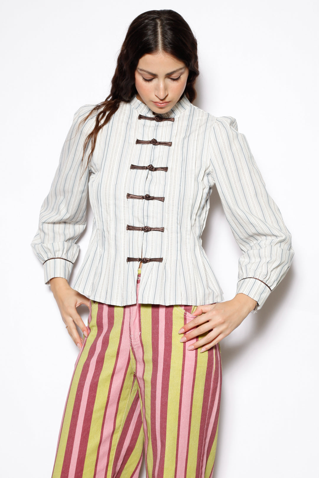 Cotton Ivory Stripe Frog Closure Shirt