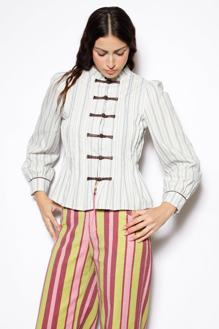 Cotton Ivory Stripe Frog Closure Shirt