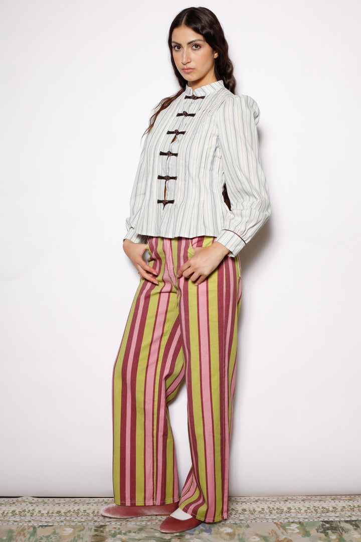 Cotton Ivory Stripe Frog Closure Shirt