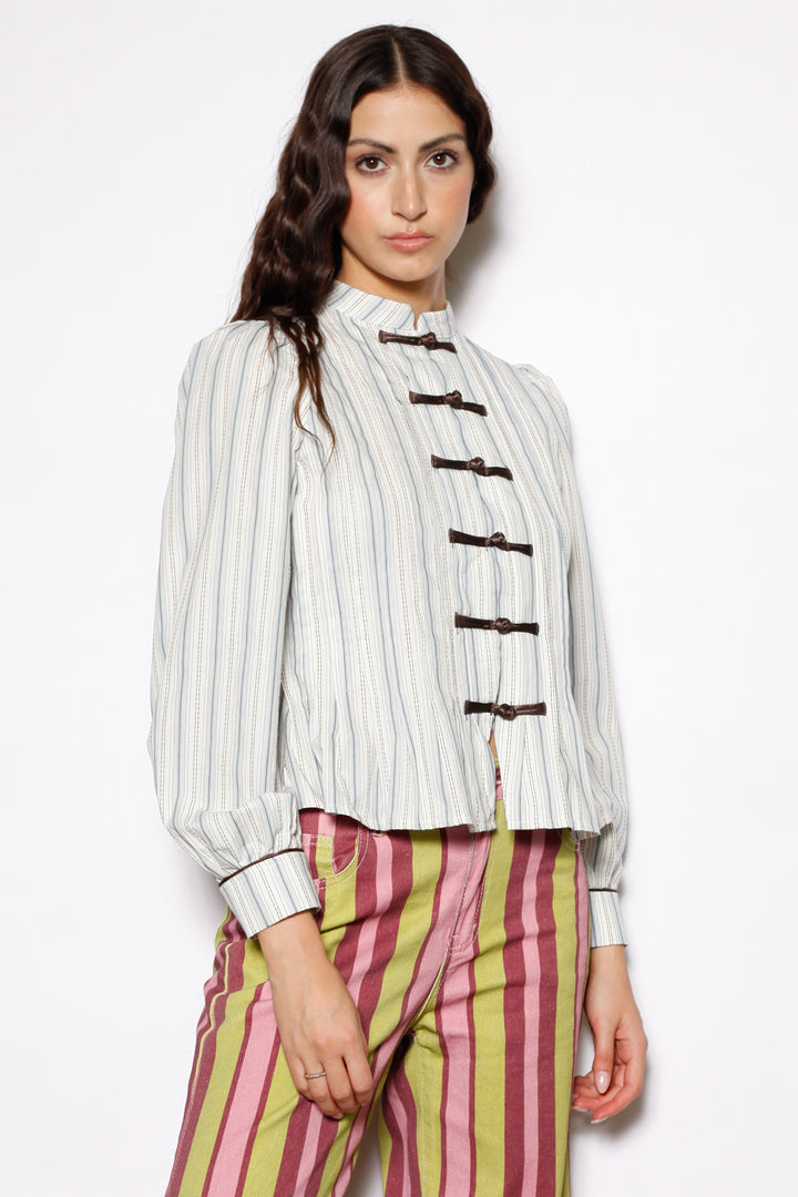 Cotton Ivory Stripe Frog Closure Shirt