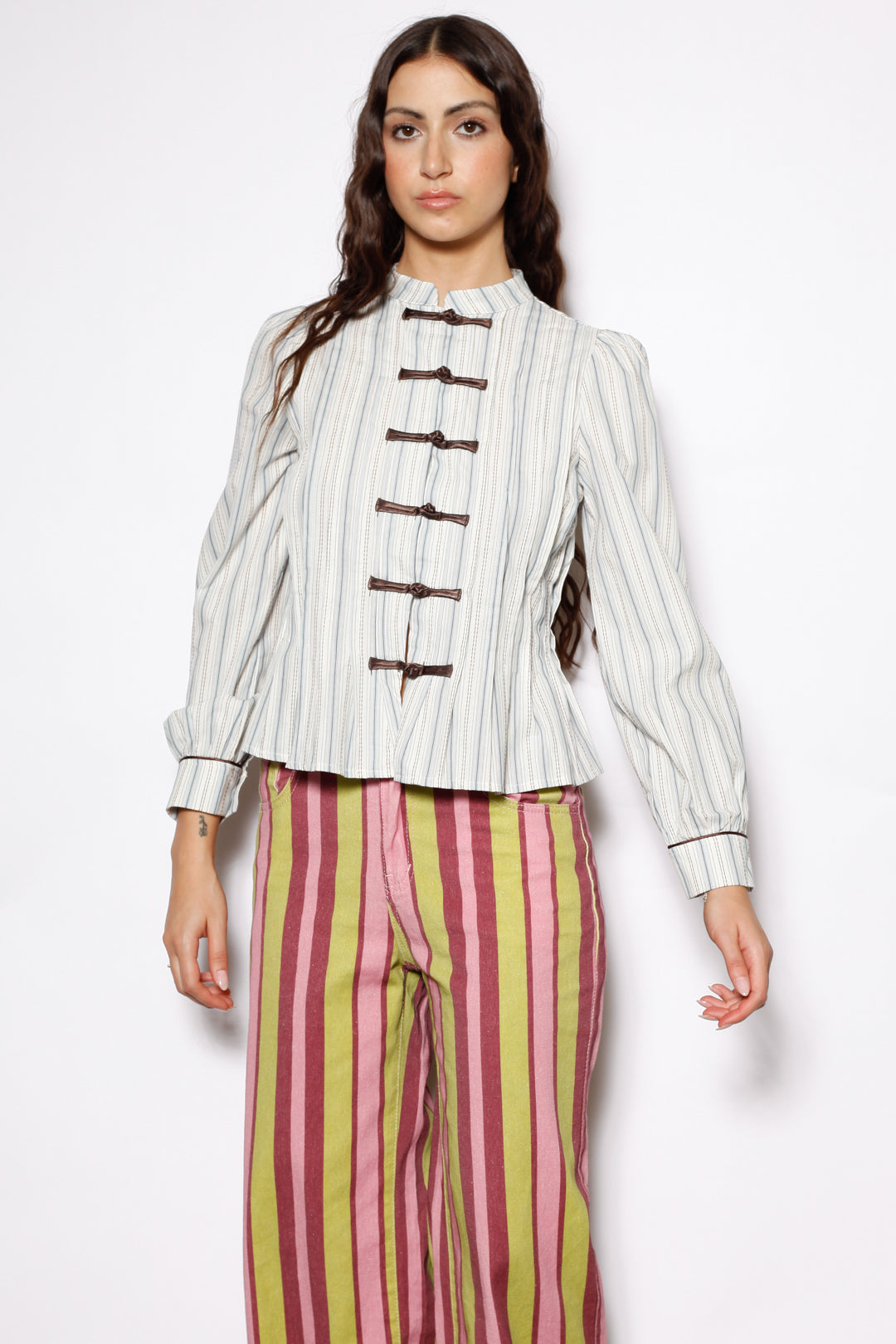 Cotton Ivory Stripe Frog Closure Shirt