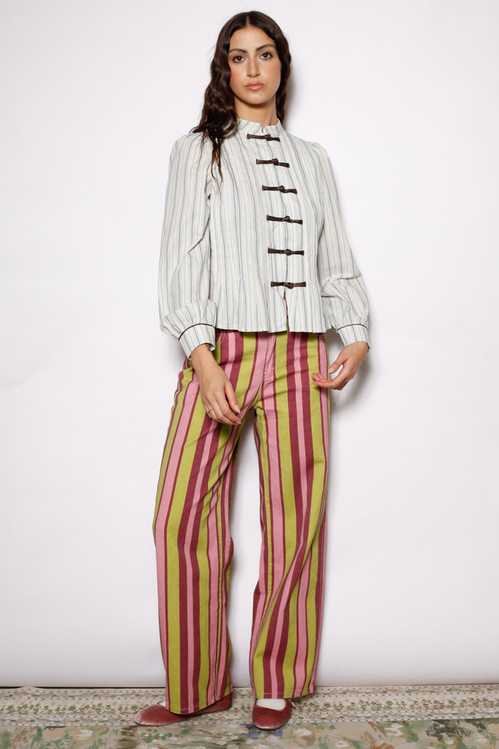 Cotton Ivory Stripe Frog Closure Shirt