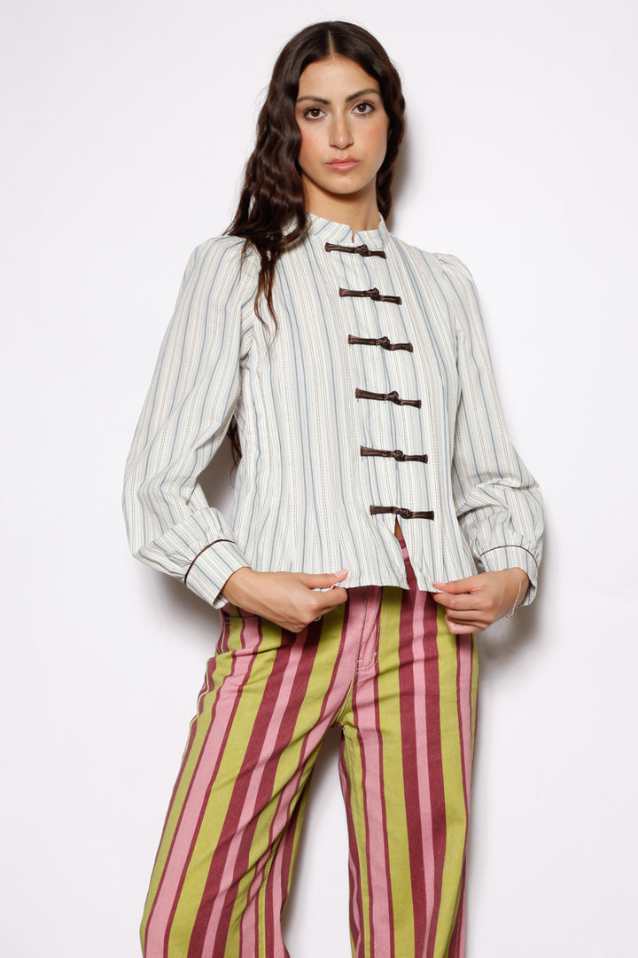 Cotton Ivory Stripe Frog Closure Shirt