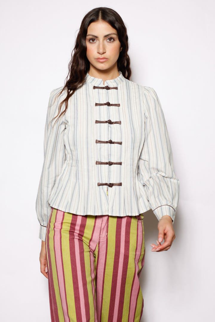 Cotton Ivory Stripe Frog Closure Shirt