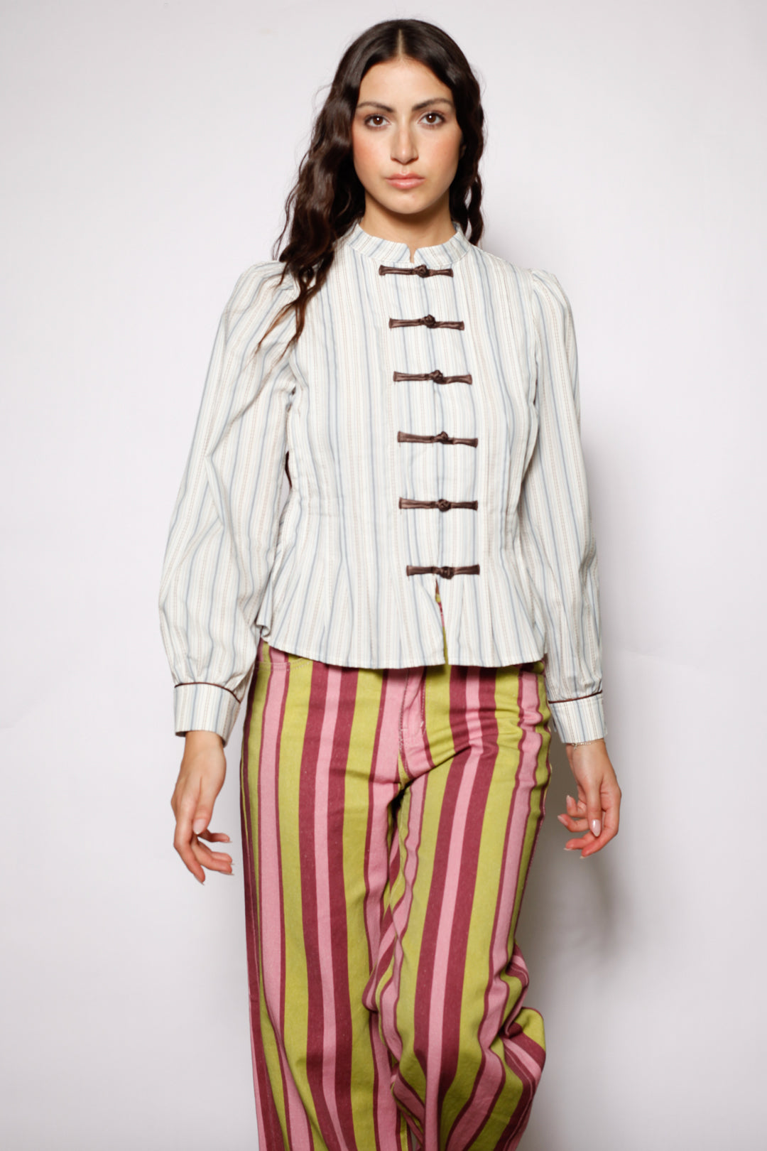 Cotton Ivory Stripe Frog Closure Shirt