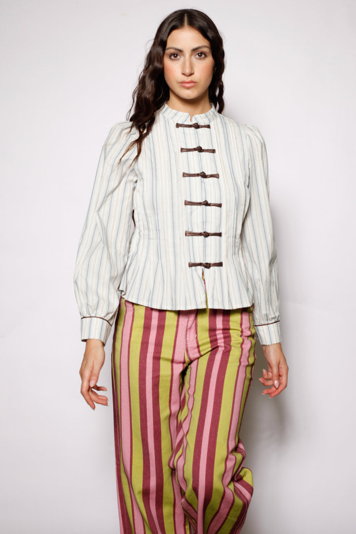 Cotton Ivory Stripe Frog Closure Shirt