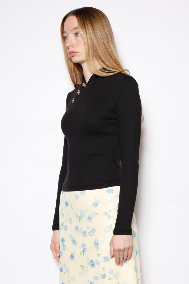 Cotton Black Qipao Ribbed Sweater with Gold Knot