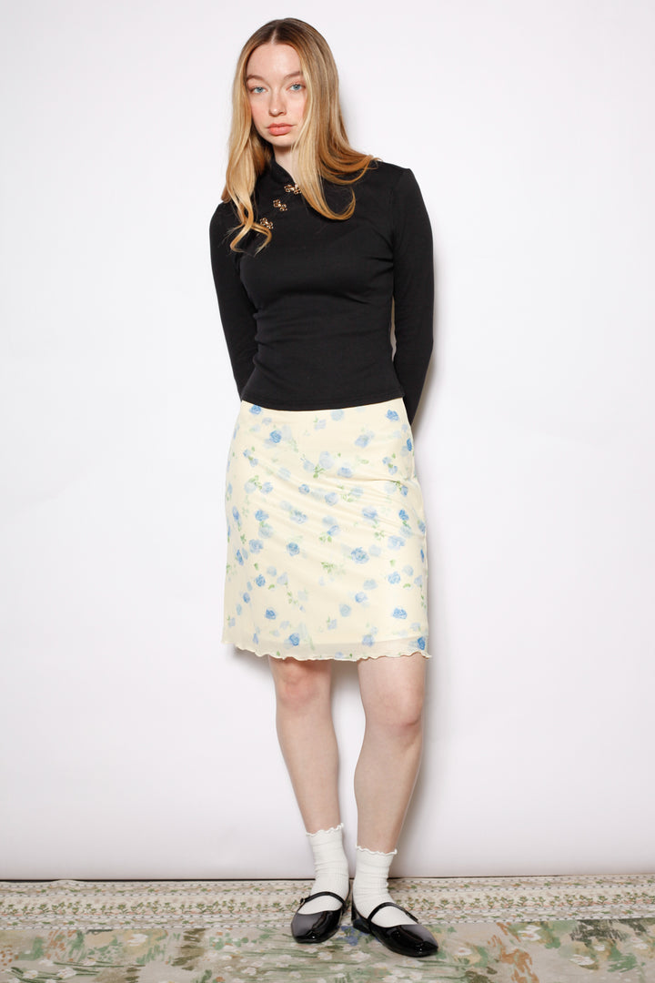 Cotton Black Qipao Ribbed Sweater with Gold Knot