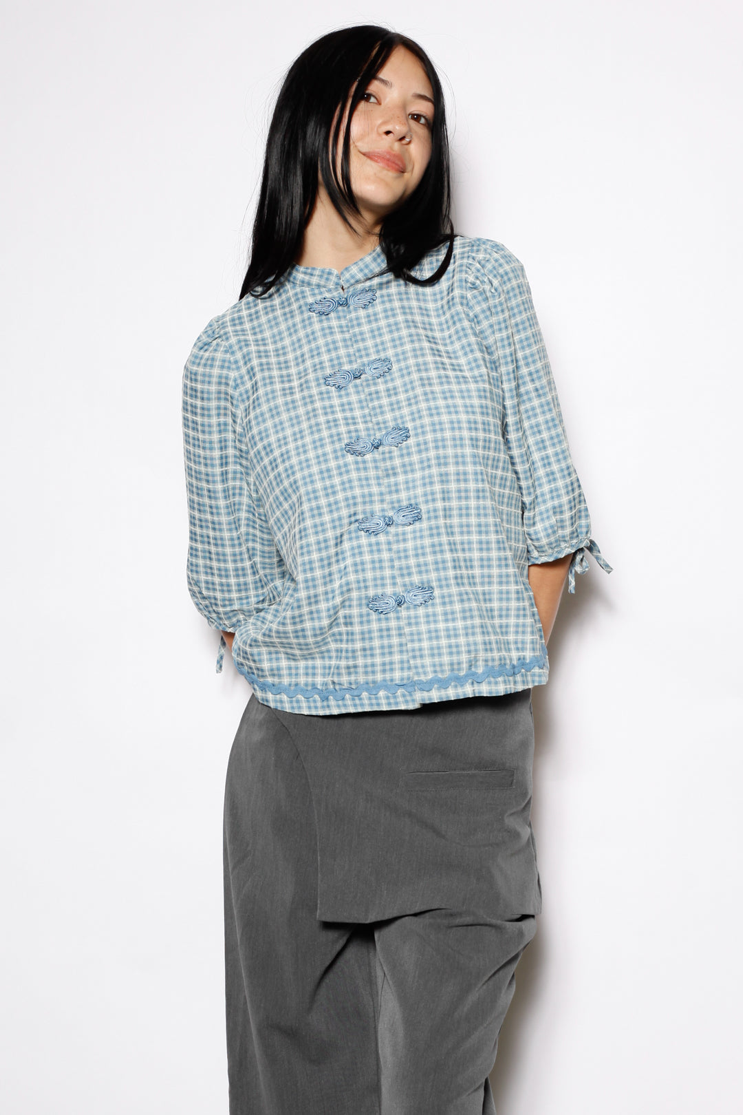Cotton Blue Check Frog Closure Top