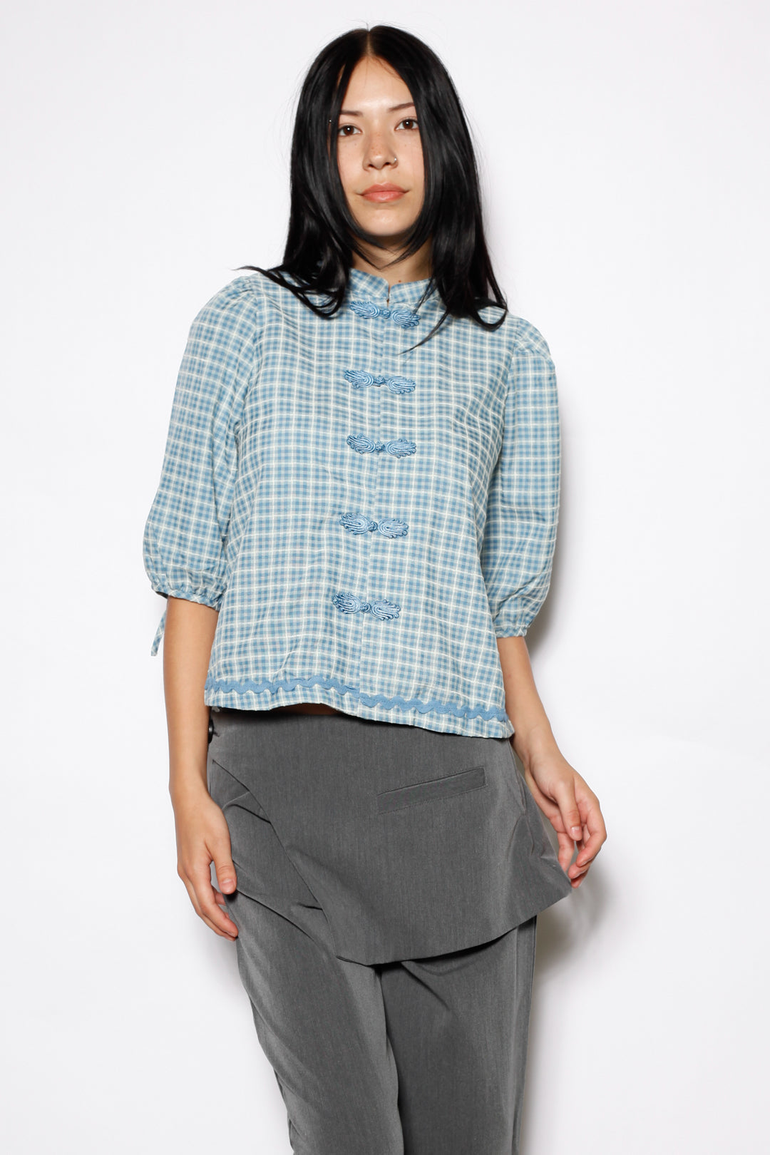 Cotton Blue Check Frog Closure Top