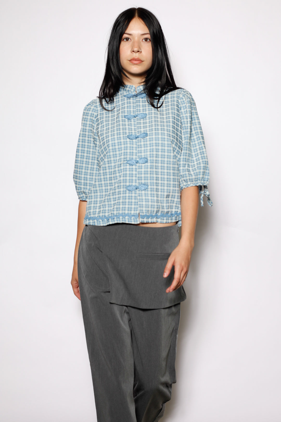 Cotton Blue Check Frog Closure Top