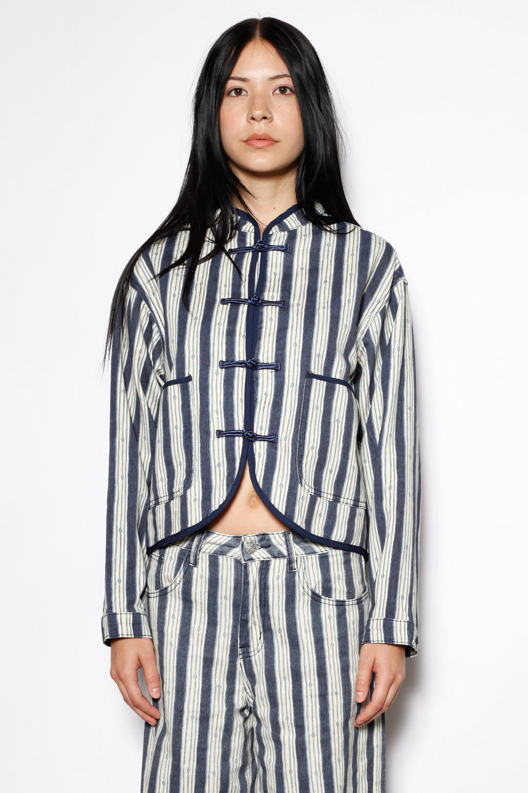 Cotton Denim Stripe Frog Closure Jacket