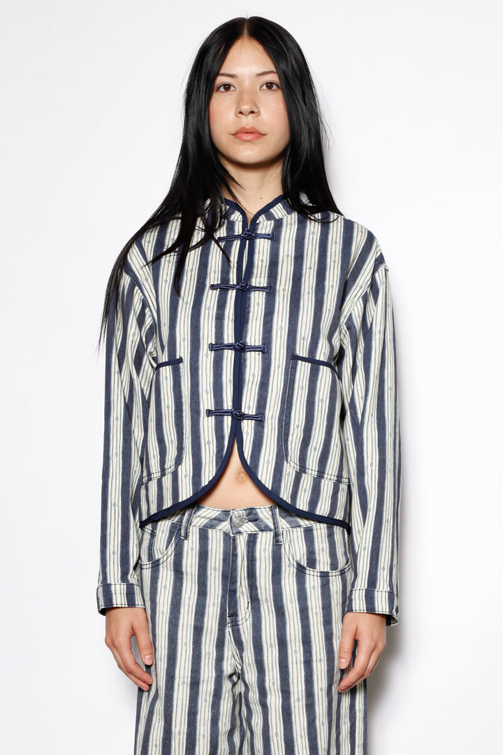 Cotton Denim Stripe Frog Closure Jacket