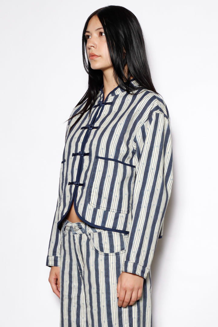 Cotton Denim Stripe Frog Closure Jacket