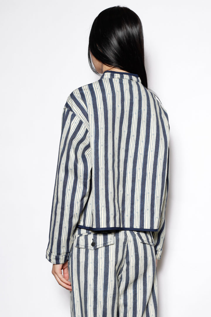 Cotton Denim Stripe Frog Closure Jacket