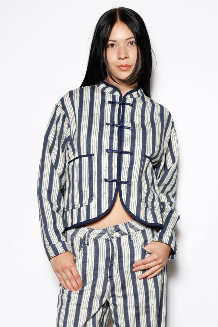 Cotton Denim Stripe Frog Closure Jacket