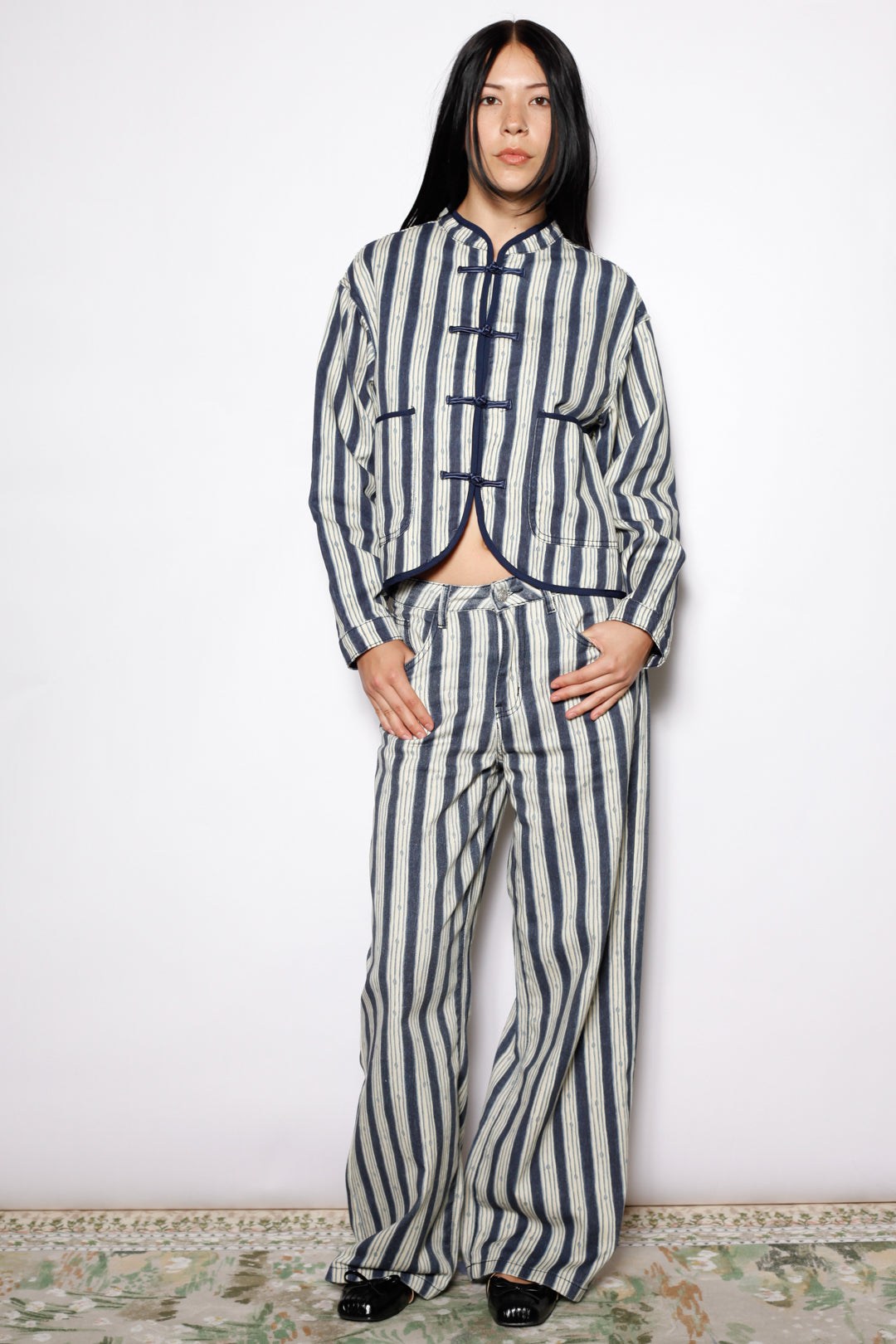 Cotton Denim Stripe Frog Closure Jacket