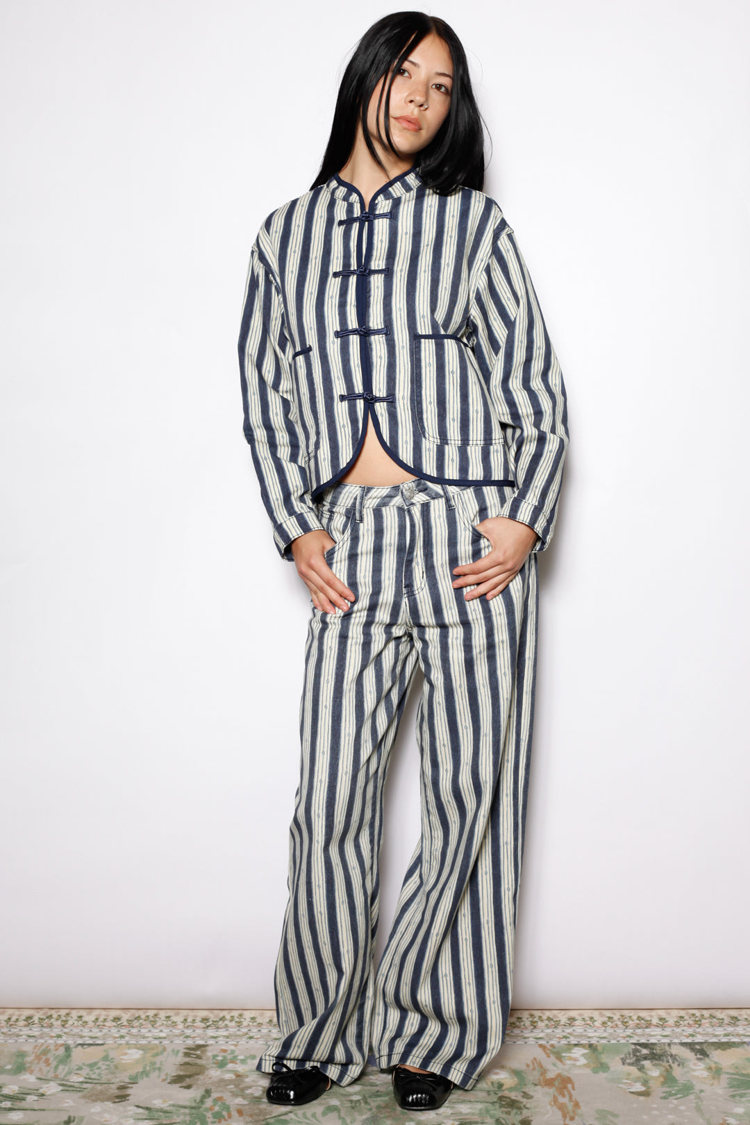 Cotton Denim Stripe Frog Closure Jacket