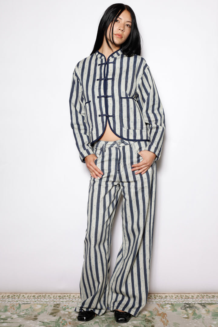 Cotton Denim Stripe Frog Closure Jacket
