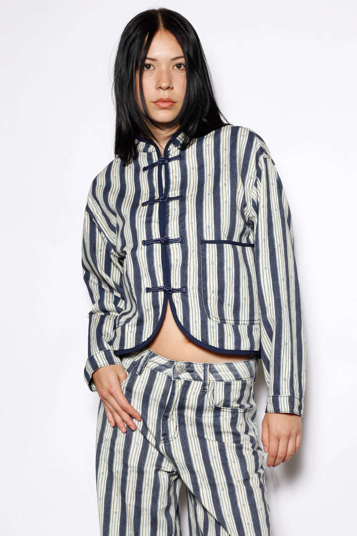 Cotton Denim Stripe Frog Closure Jacket