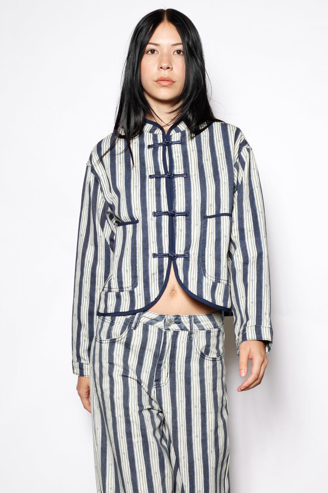 Cotton Denim Stripe Frog Closure Jacket