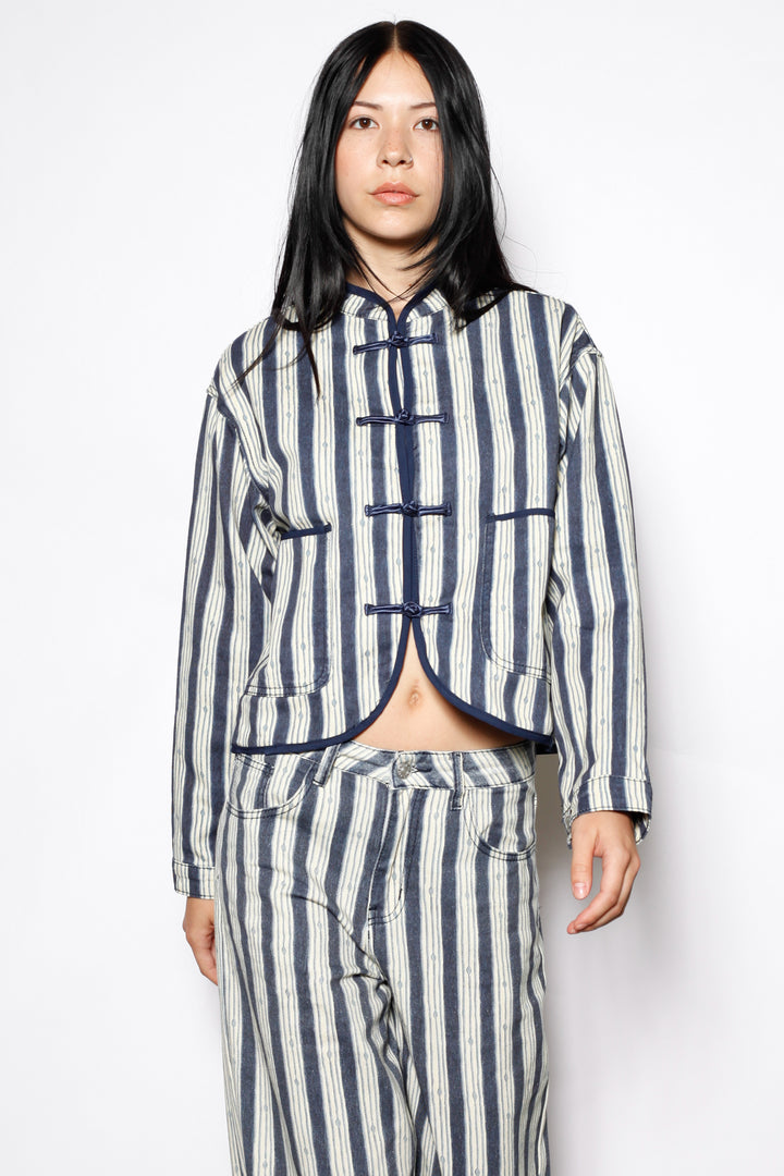 Cotton Denim Stripe Frog Closure Jacket