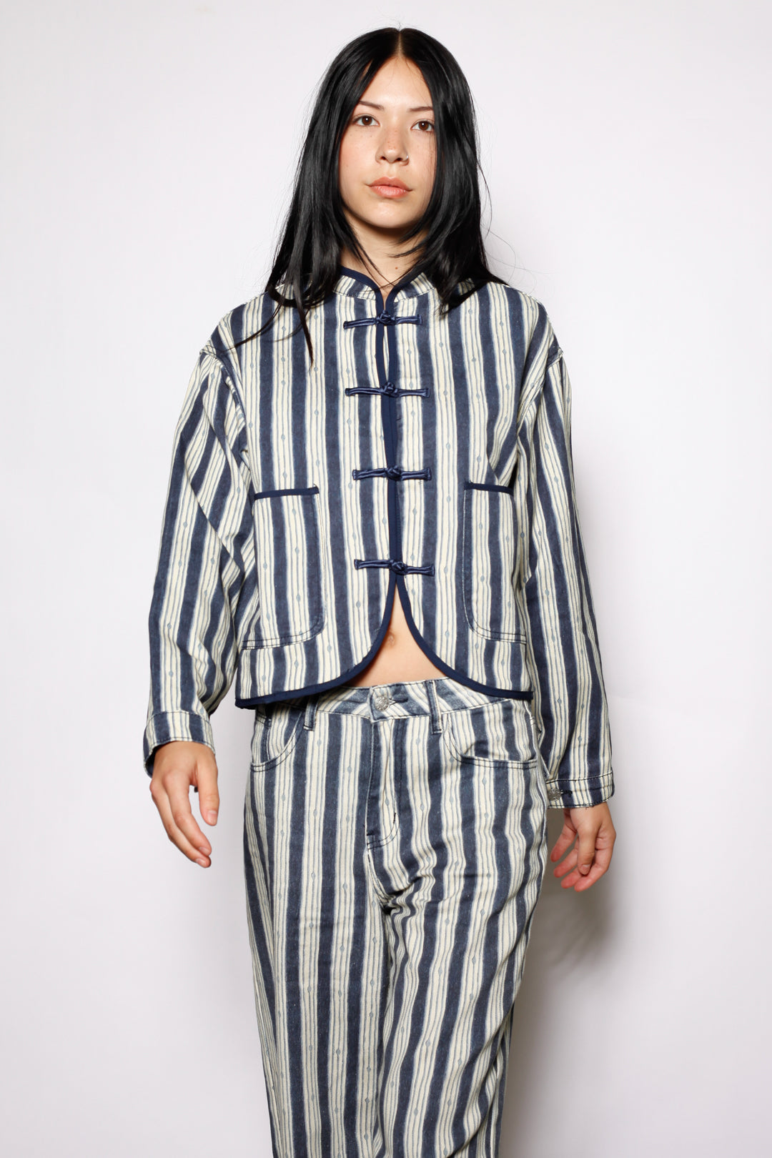 Cotton Denim Stripe Frog Closure Jacket