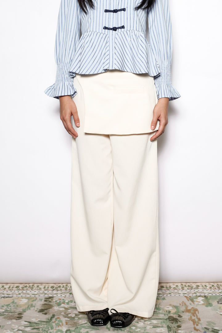 Ivory Wool Layered Wide Leg Pants