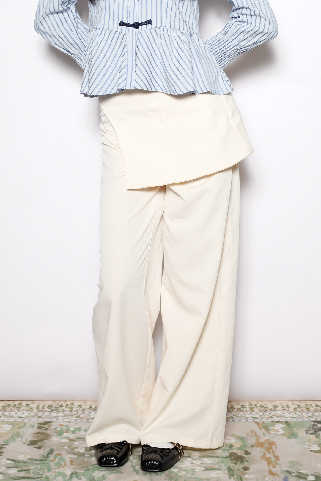 Ivory Wool Layered Wide Leg Pants