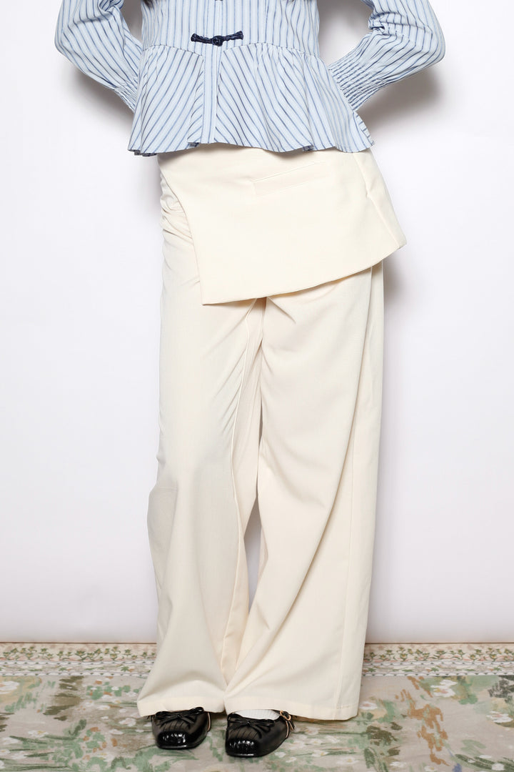 Ivory Wool Layered Wide Leg Pants