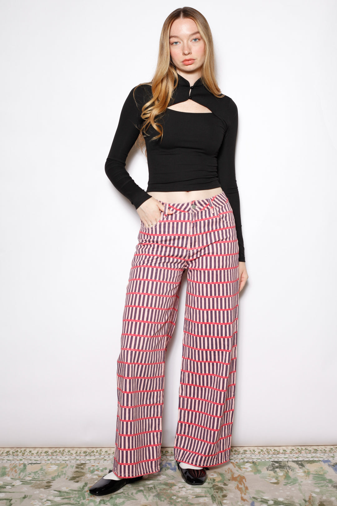 Pink Stripe Denim Wide Leg Pants