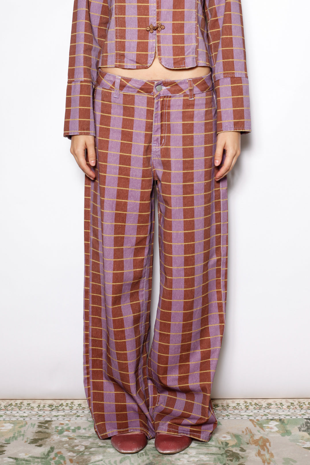 Burgundy Plaid Cotton Denim Wide Leg Pants