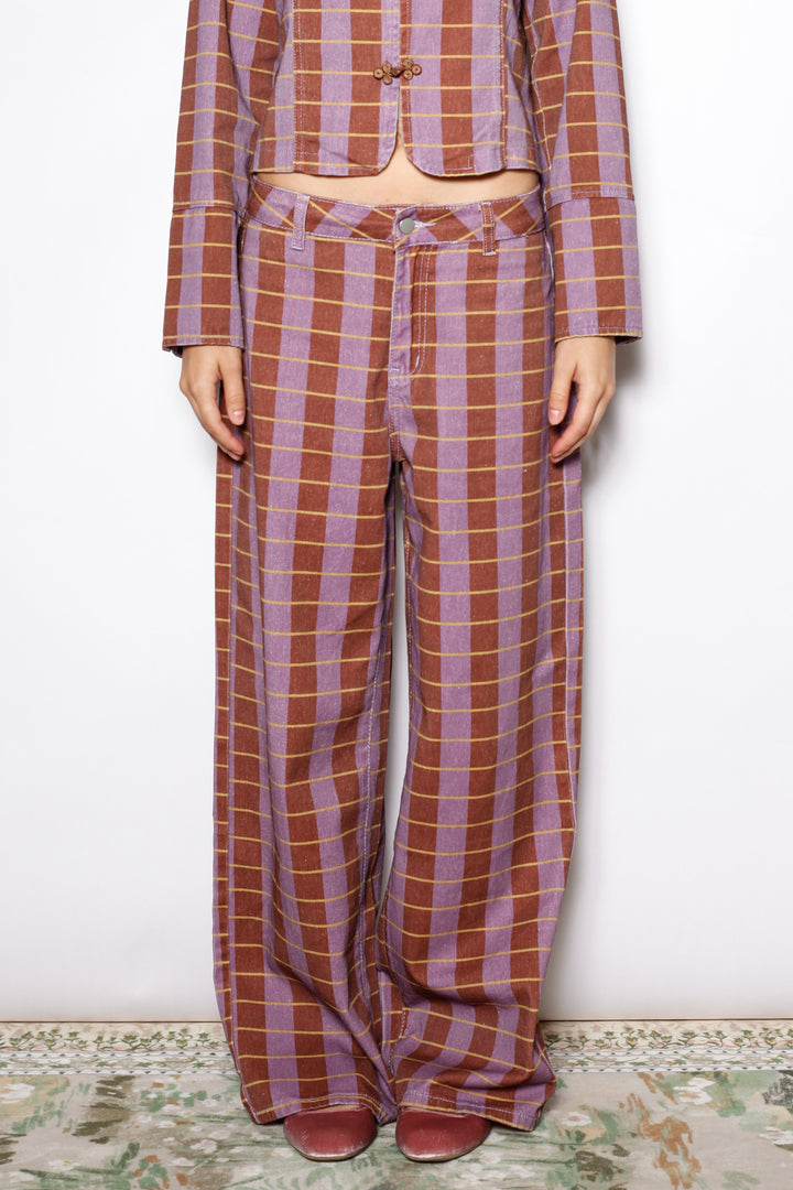 Burgundy Plaid Cotton Denim Wide Leg Pants