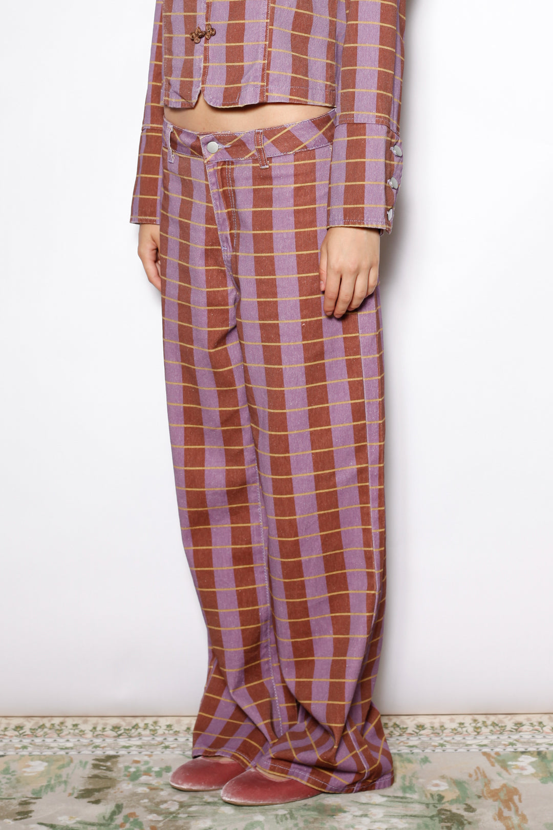 Burgundy Plaid Cotton Denim Wide Leg Pants