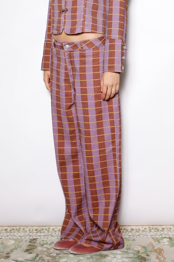Burgundy Plaid Cotton Denim Wide Leg Pants