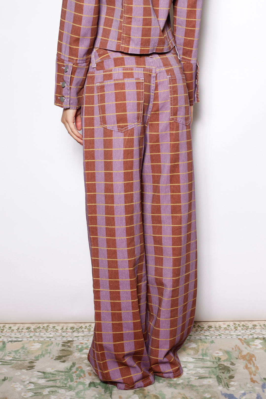 Burgundy Plaid Cotton Denim Wide Leg Pants
