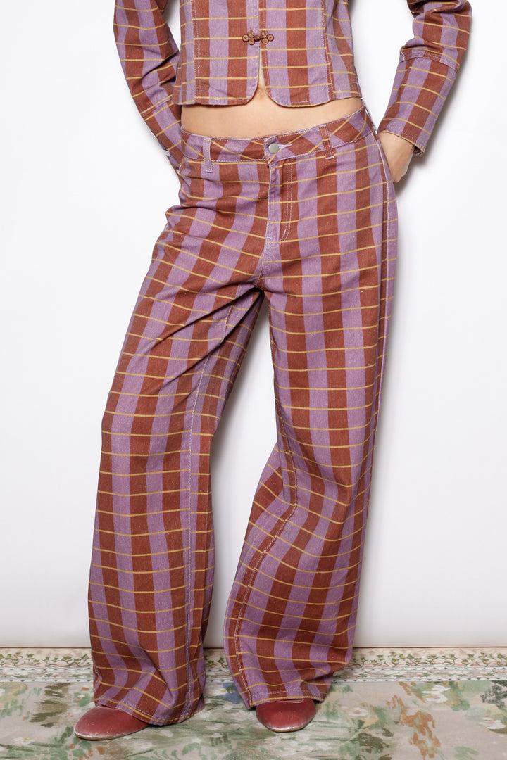 Burgundy Plaid Cotton Denim Wide Leg Pants
