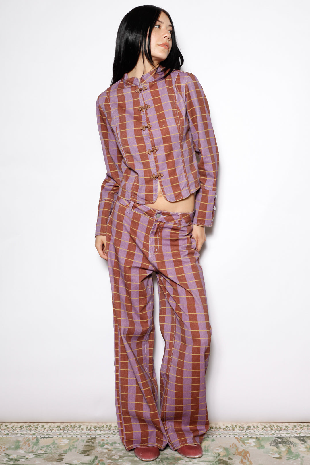 Burgundy Plaid Cotton Denim Wide Leg Pants