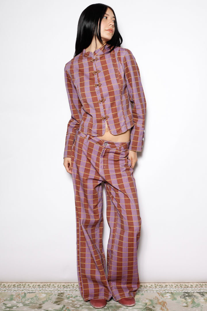 Burgundy Plaid Cotton Denim Wide Leg Pants