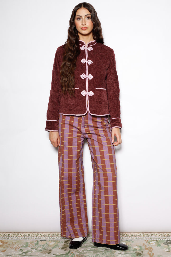 Burgundy Plaid Cotton Denim Wide Leg Pants
