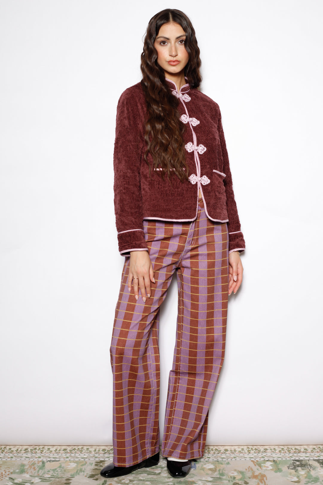 Burgundy Plaid Cotton Denim Wide Leg Pants
